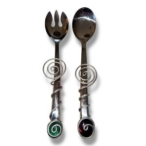 Vintage Dary Rees Large Salad Fork & Spoon w/ Spirals & Jewels 12" Stainless